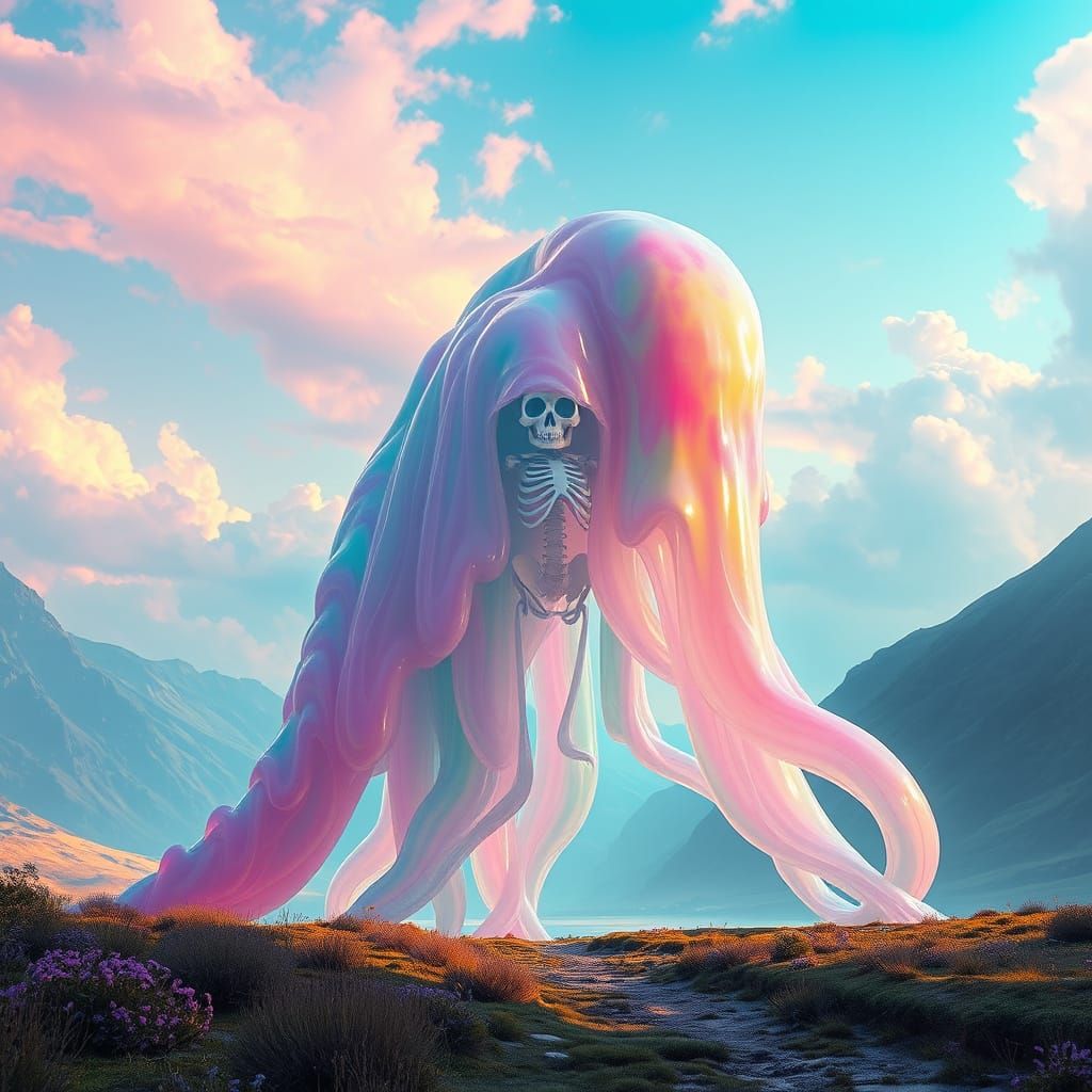 Giant Translucent Slime Creature in Dreamlike Valley