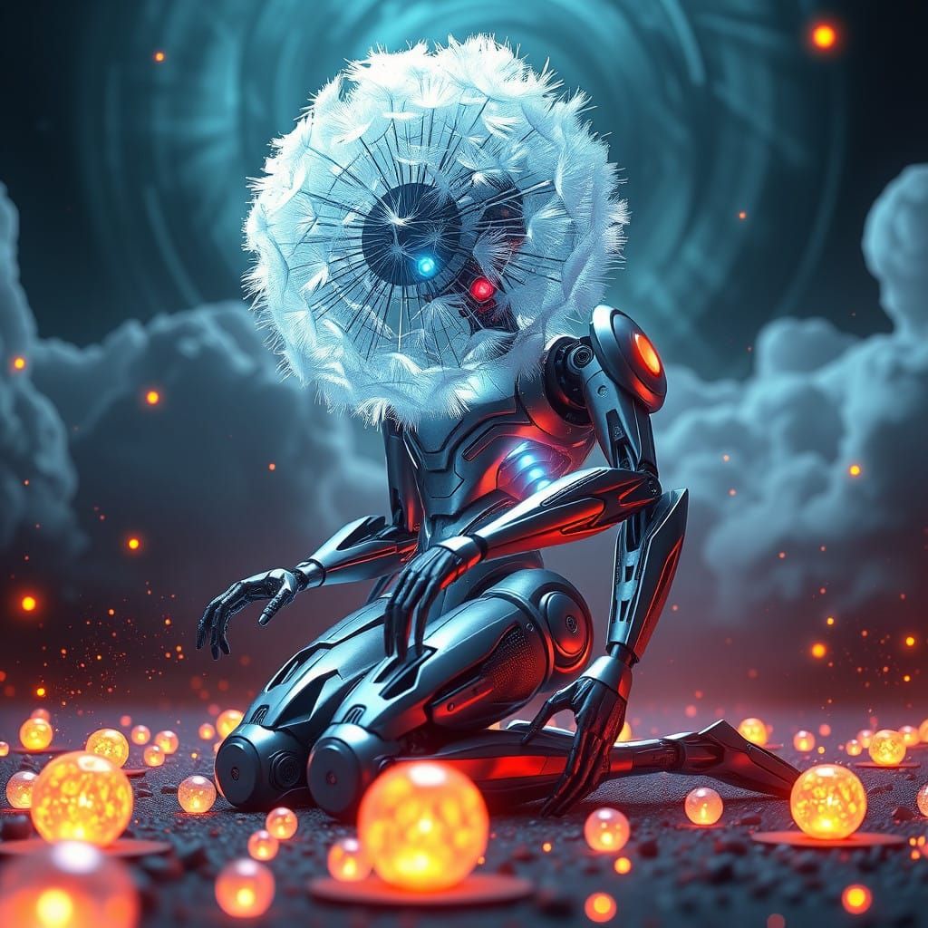 Elegant Dandelion Robot Grants Wishes in Cyberpunk Style