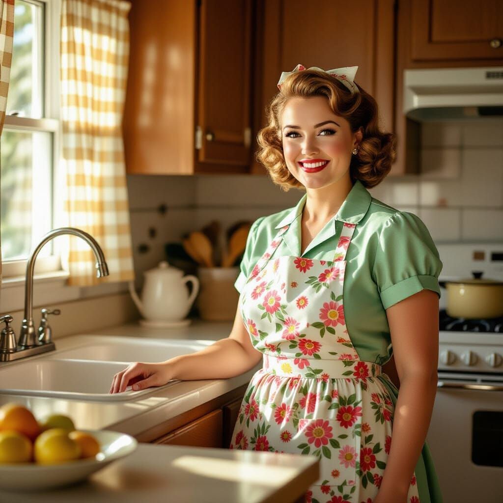 1950s Housewife in Retro Kitchen, Golden Hour