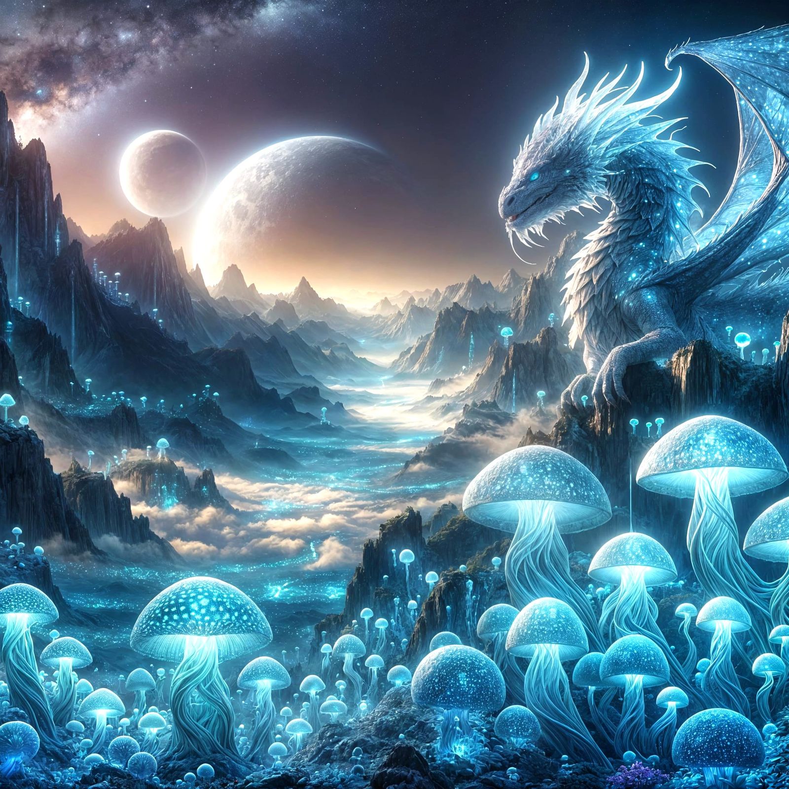 Bioluminescent Dragon on Crystal Peak with Glowing Flora