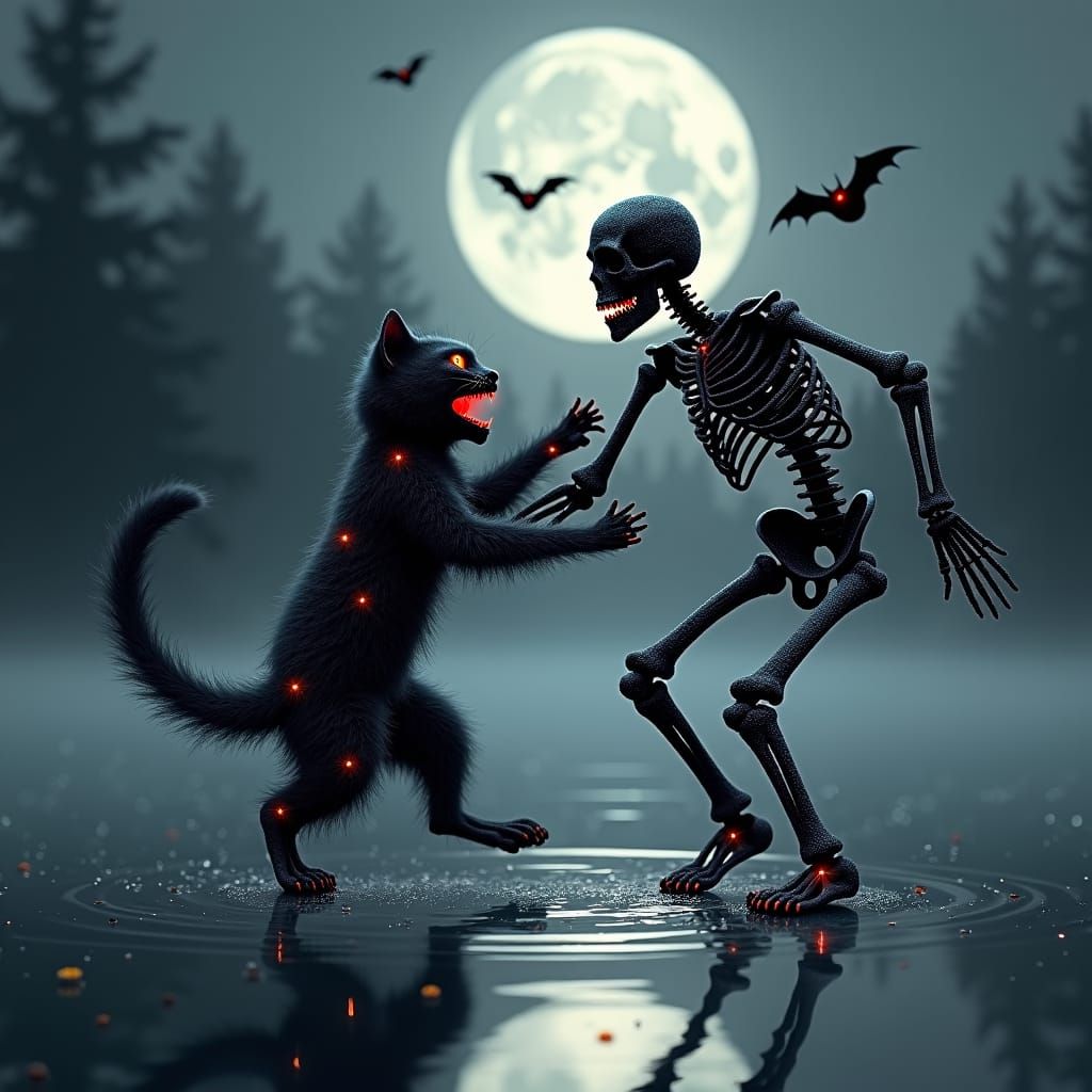 Macabre Skeleton Dance with Ghost Cat
