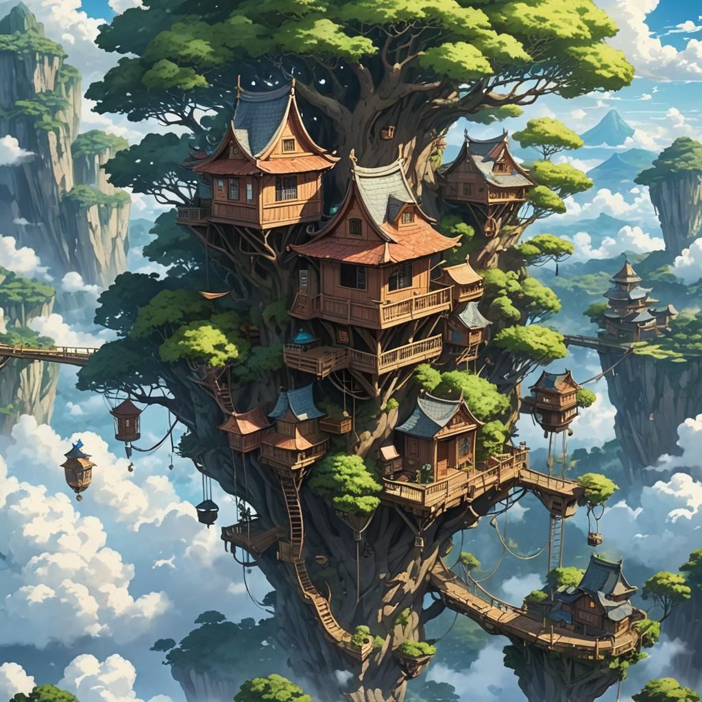 Ethereal Treehouses Floating in Fantasy Anime Style
