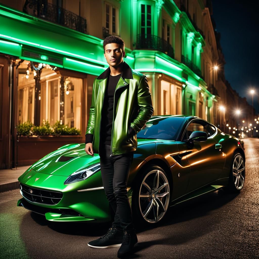 Young Man with Ferrari in Magical Night Scene