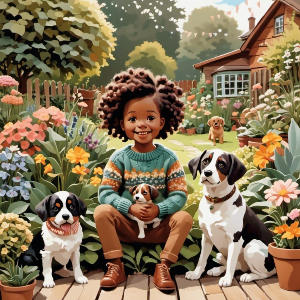 Smiling African American Toddlers with Dogs