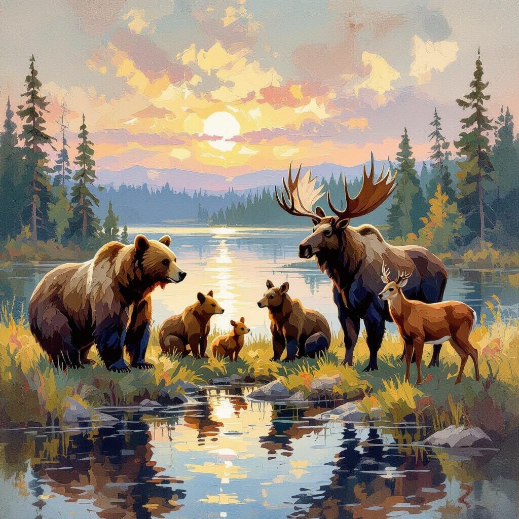 Wildlife Gathering by Water in Maximalist Impressionist Styl...