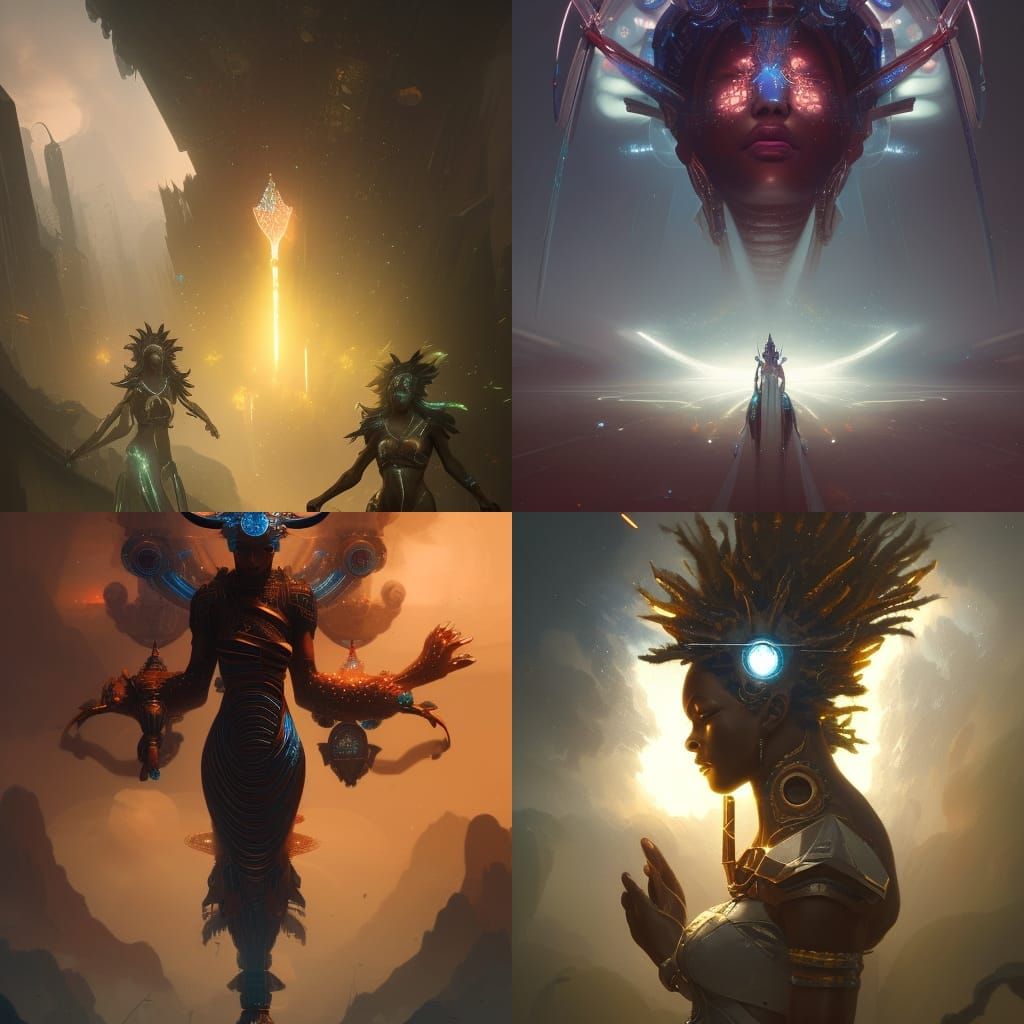 Afrofuturistic Gemini Deity in Dark Fantasy Style