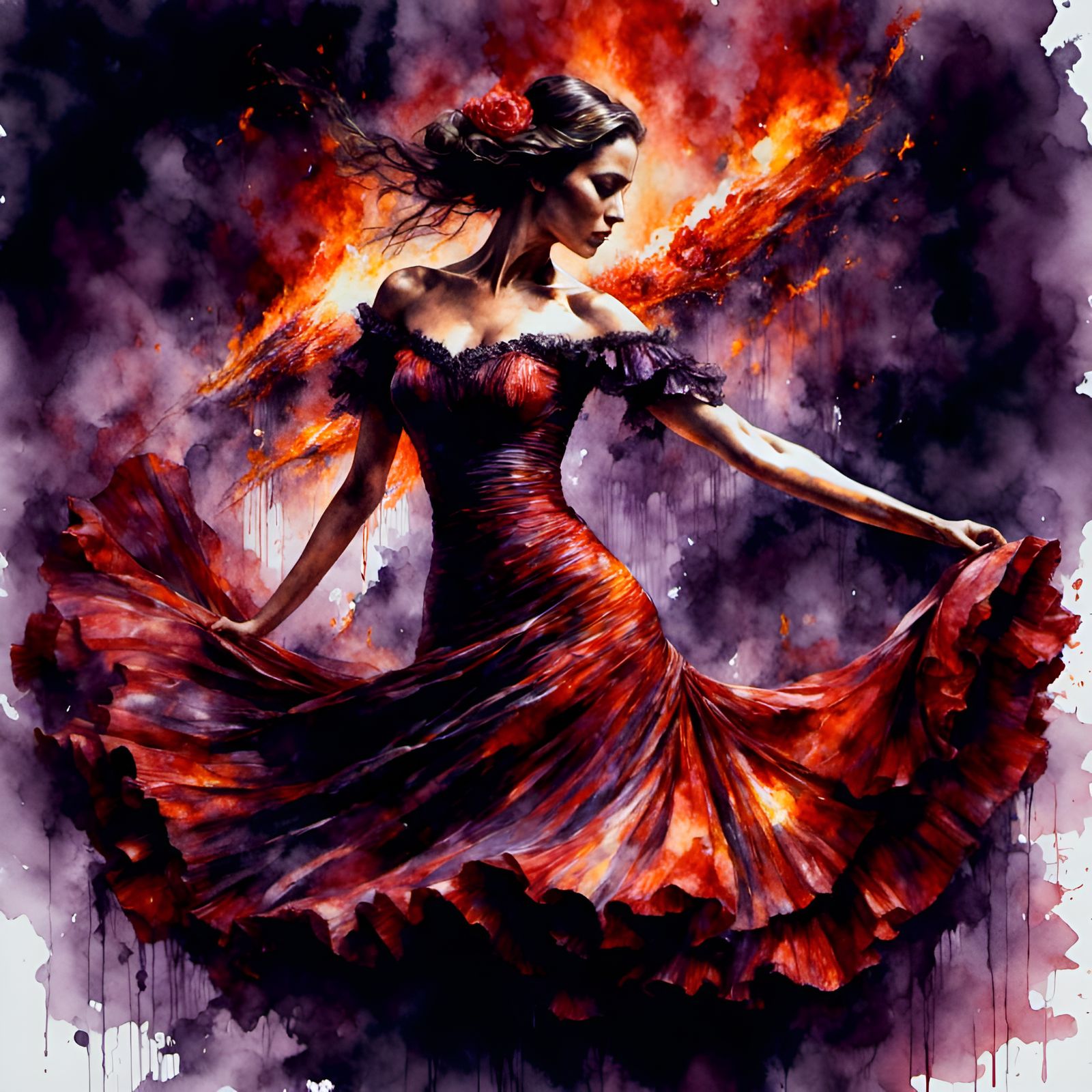 Flamenco Fire Dance in Watercolor Style