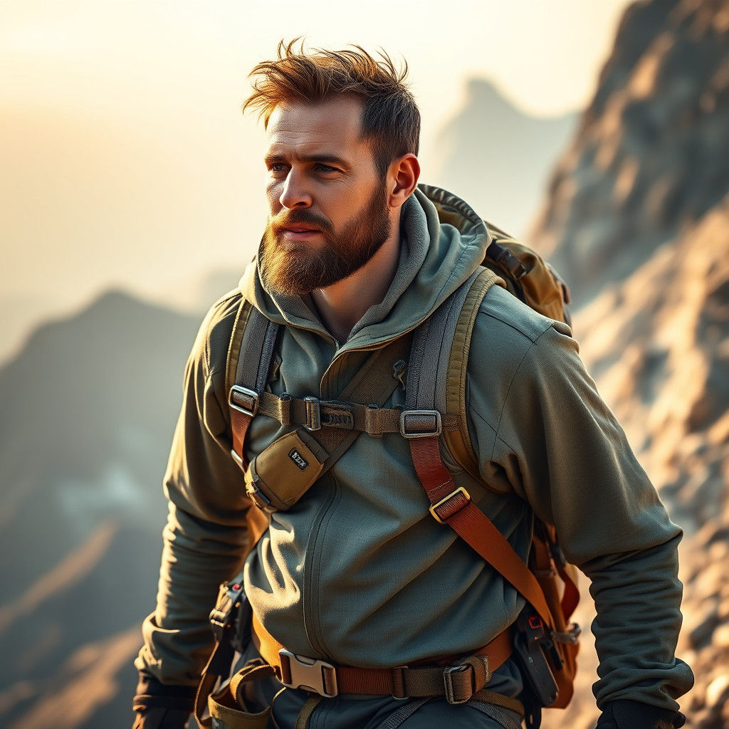 Man Ascends Mountain in Golden Light