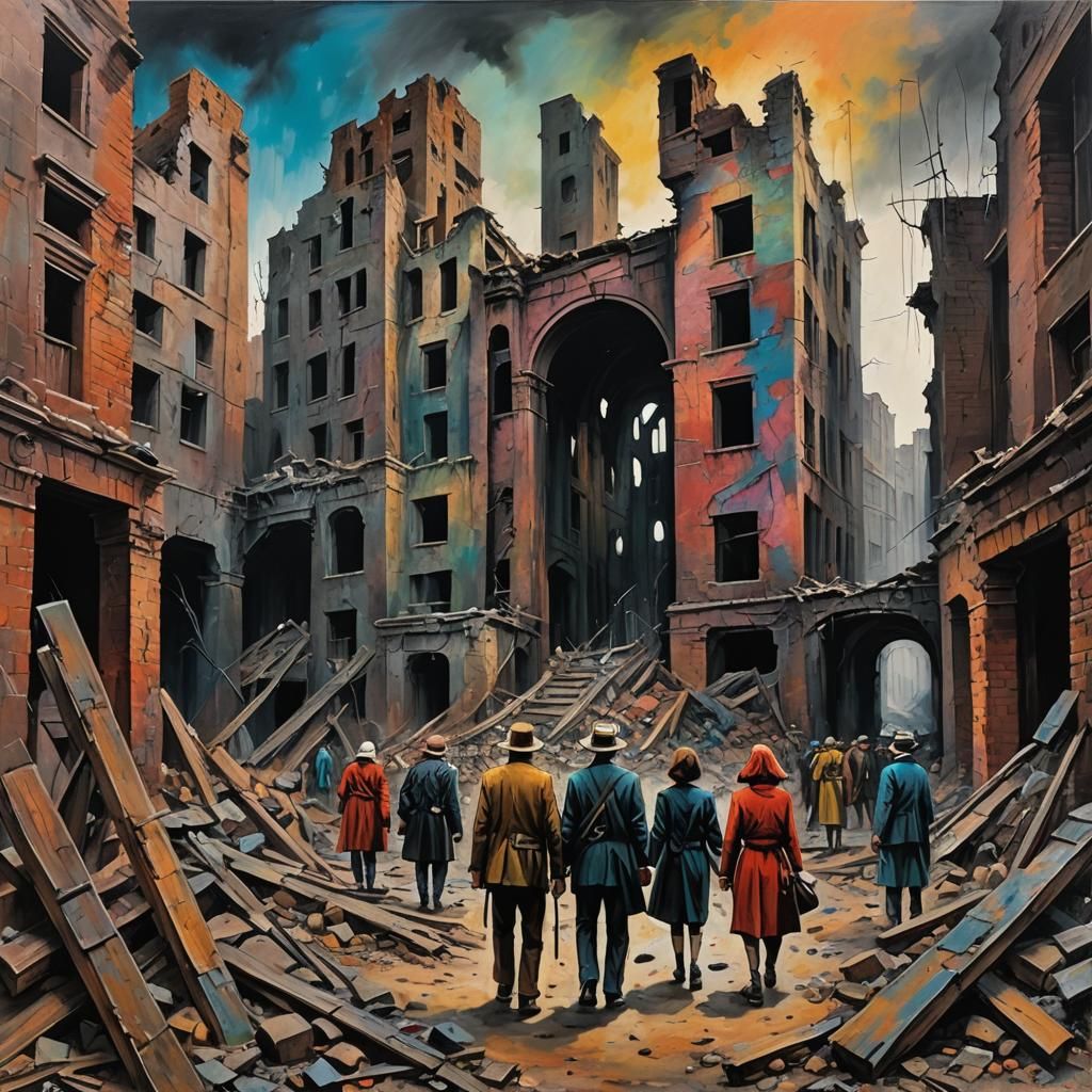 Dystopian Ruins: Charcoal Drawing of War-Worn People