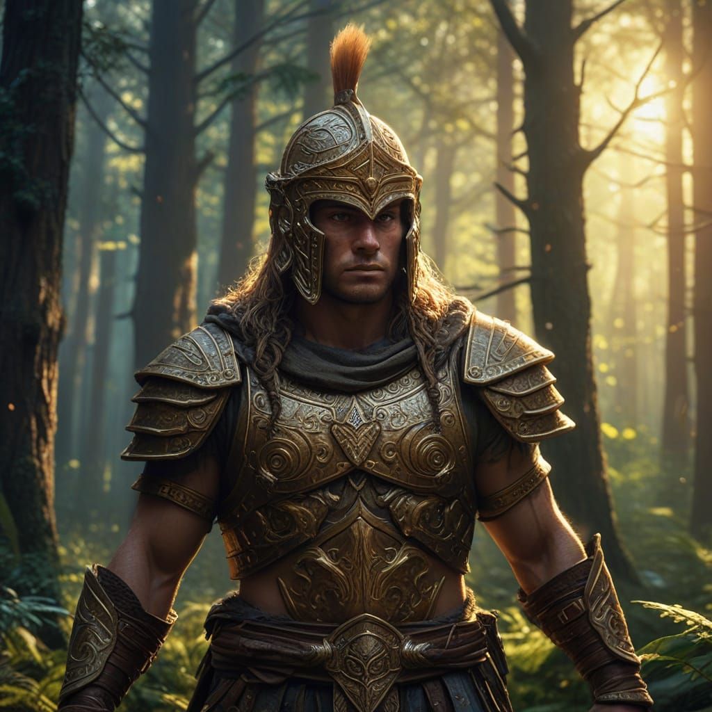 Fantasy Warrior in Mystical Forest: Oil Painting