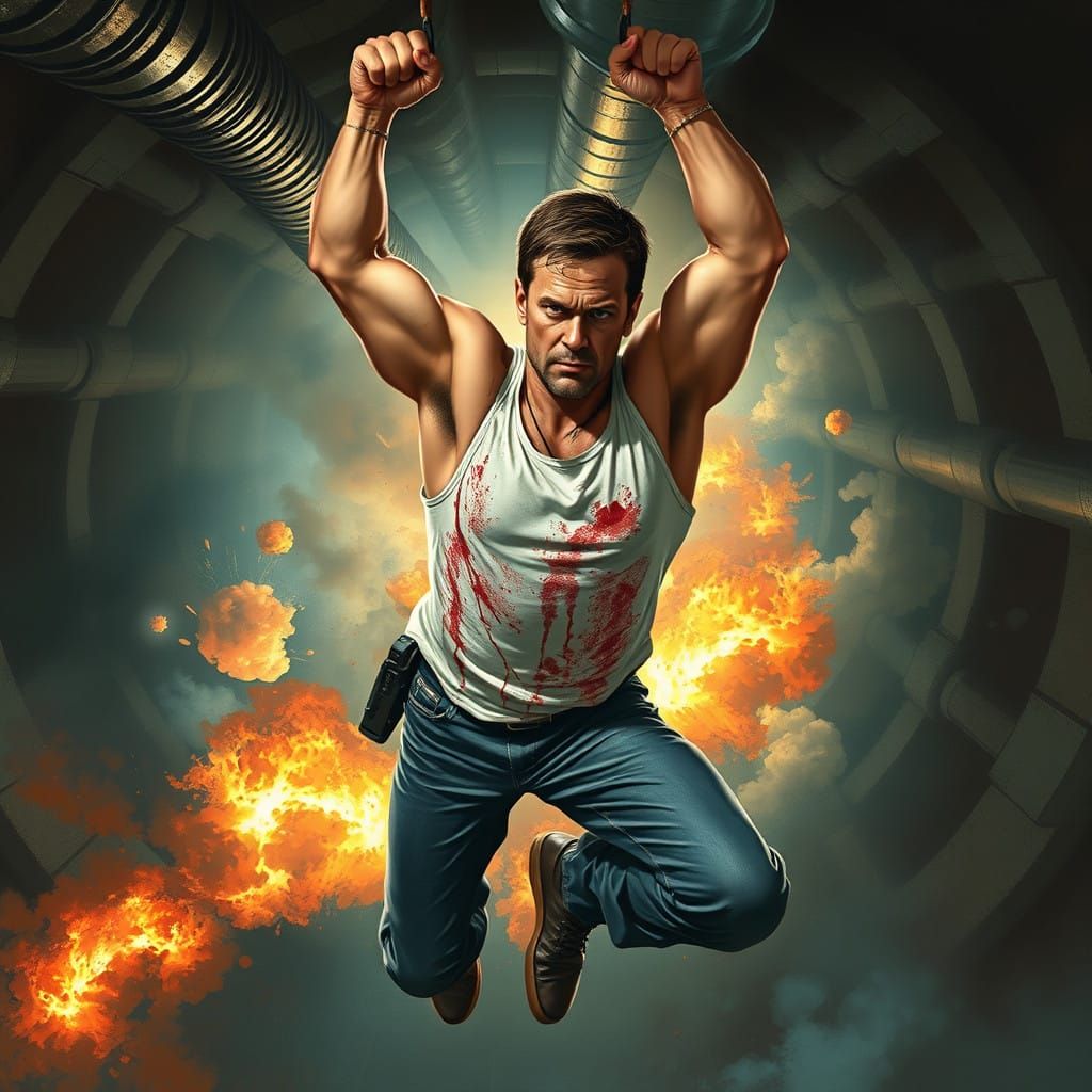 Charismatic Action Hero Suspended in Ductwork, Gritty Action...