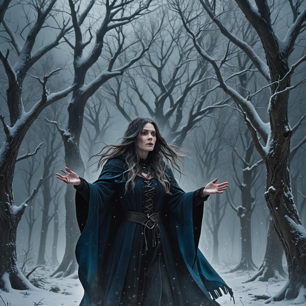 Mysterious Witch Casting Spell in Frozen Forest