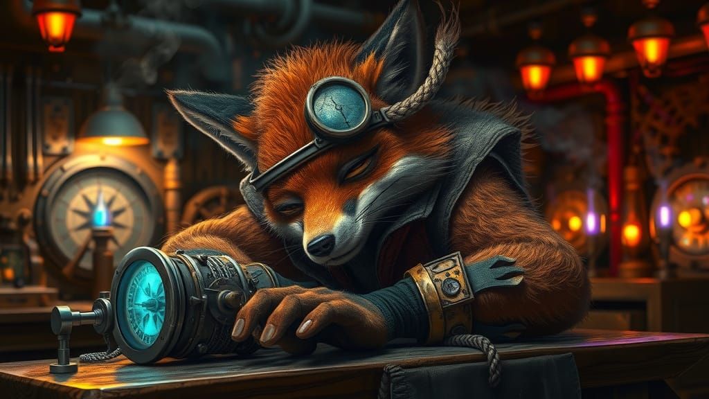 Steampunk Fox in a Tinkerer's Shop