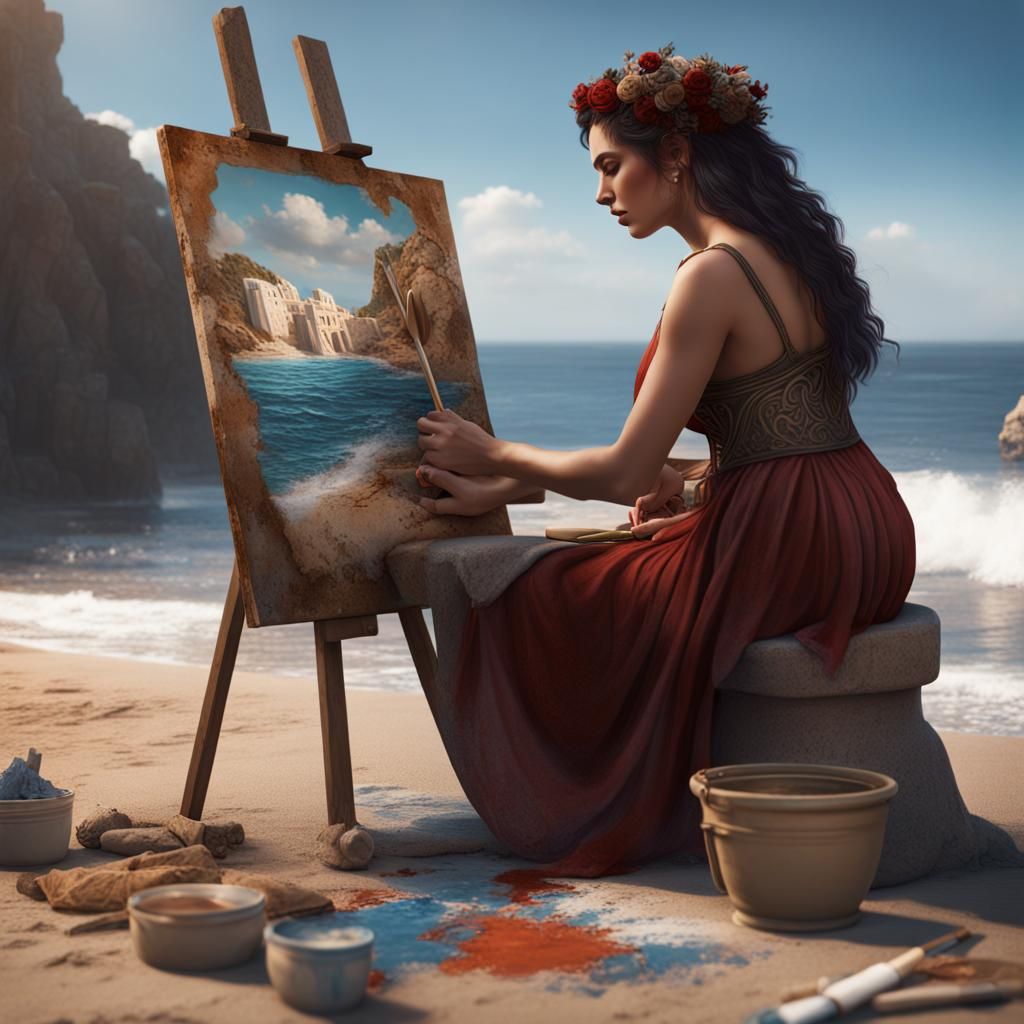 Greek Woman Paints at Beach: Detailed Matte Painting