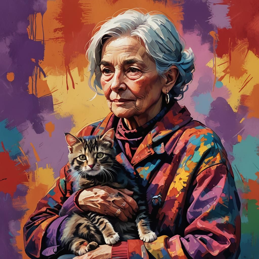 Senior Woman with Kitten in Fauvist Style