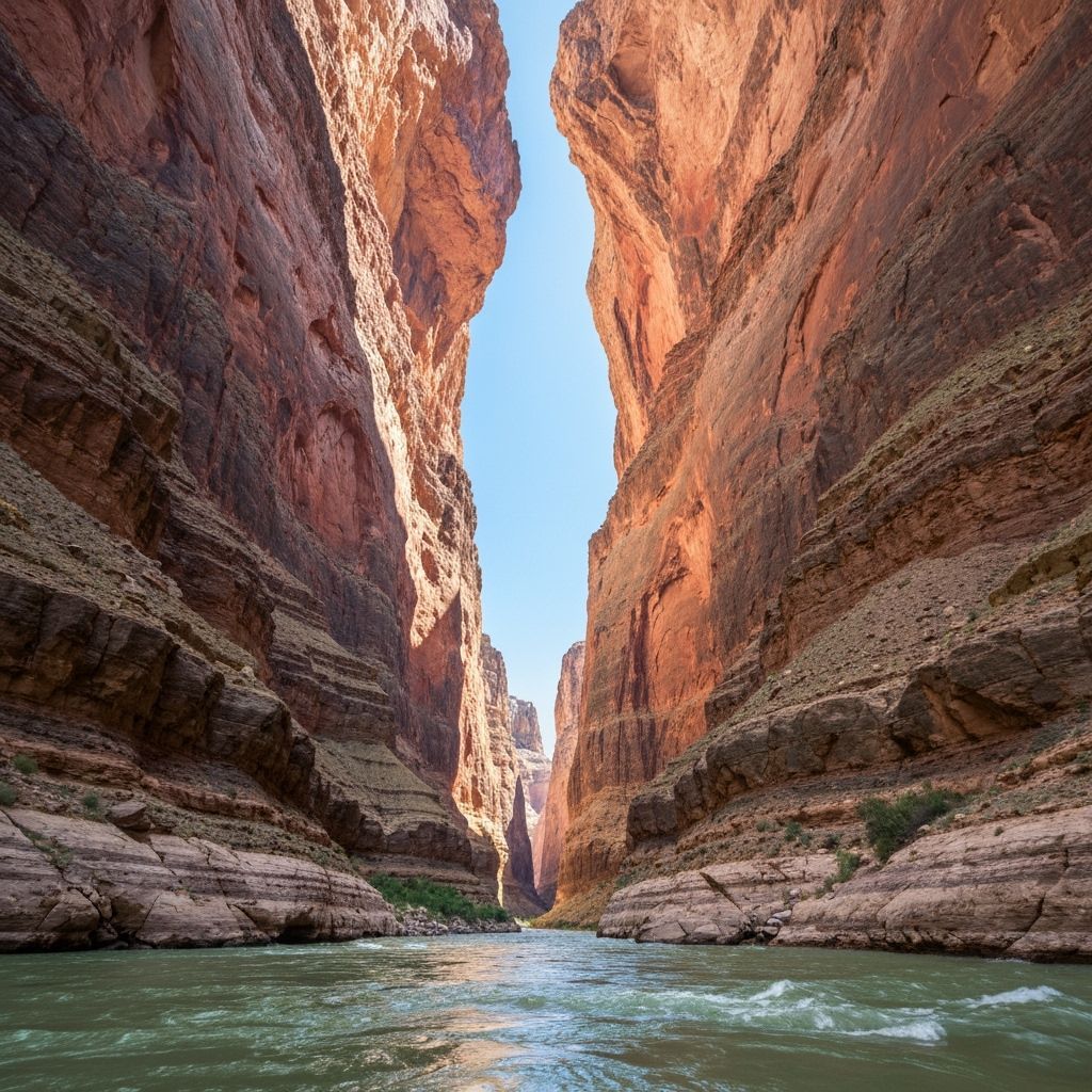 Grand Canyon River View: Towering Walls and Blue Sky