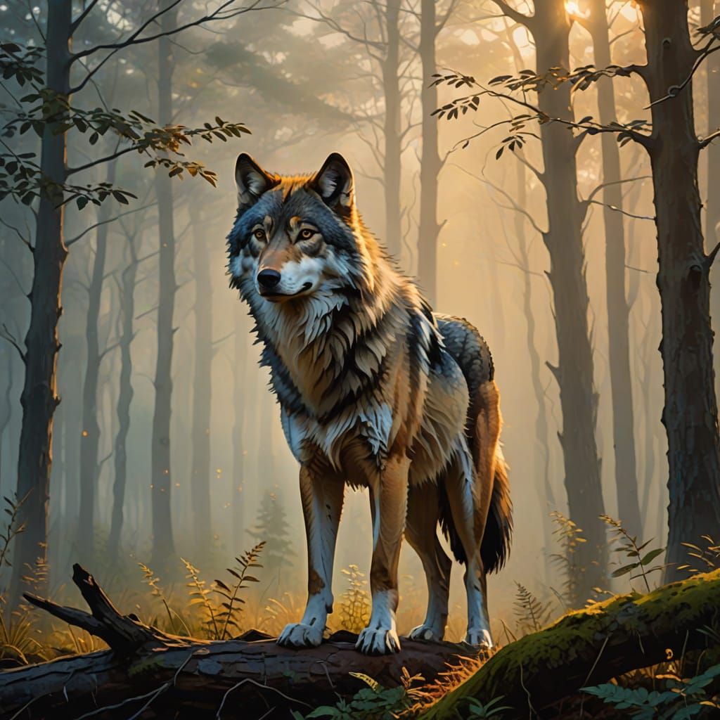 Ethereal Wolf Made of Fog and Morning Light