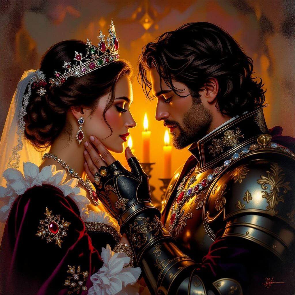 Queen and King's Tender Moment in Soft Candlelight