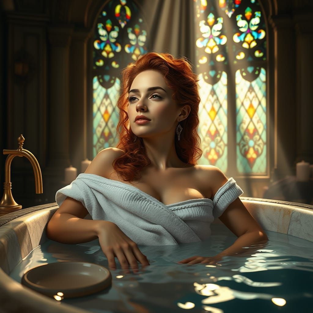 Woman Relaxing in Medieval Spa, Matte Painting