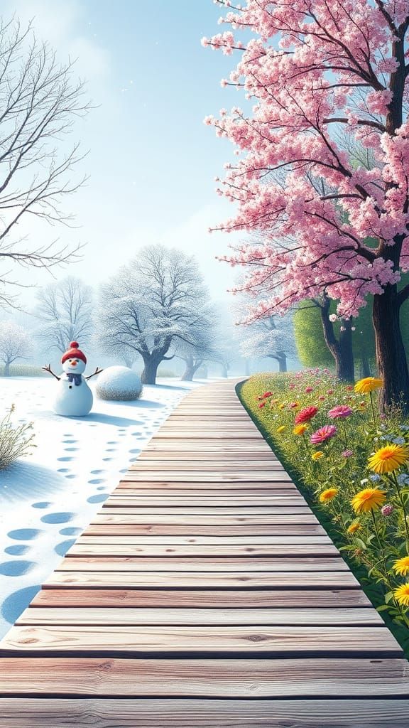Surreal Seasons Converge on Wooden Footpath