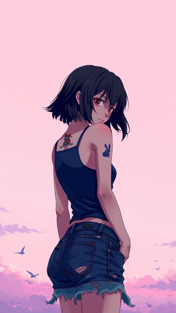 Anime Woman with Rabbit Tattoo in Anime Style