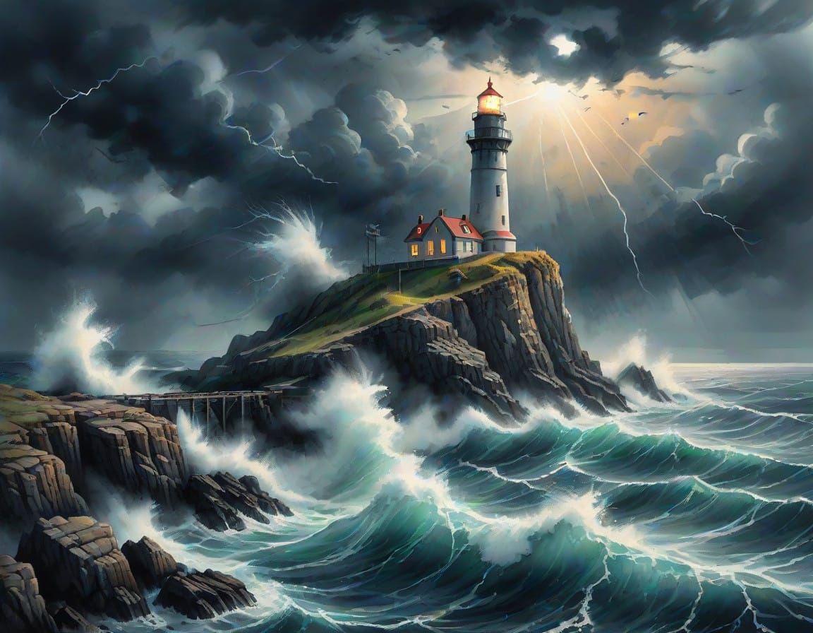 Lighthouse on Stormy Coast after Midnight