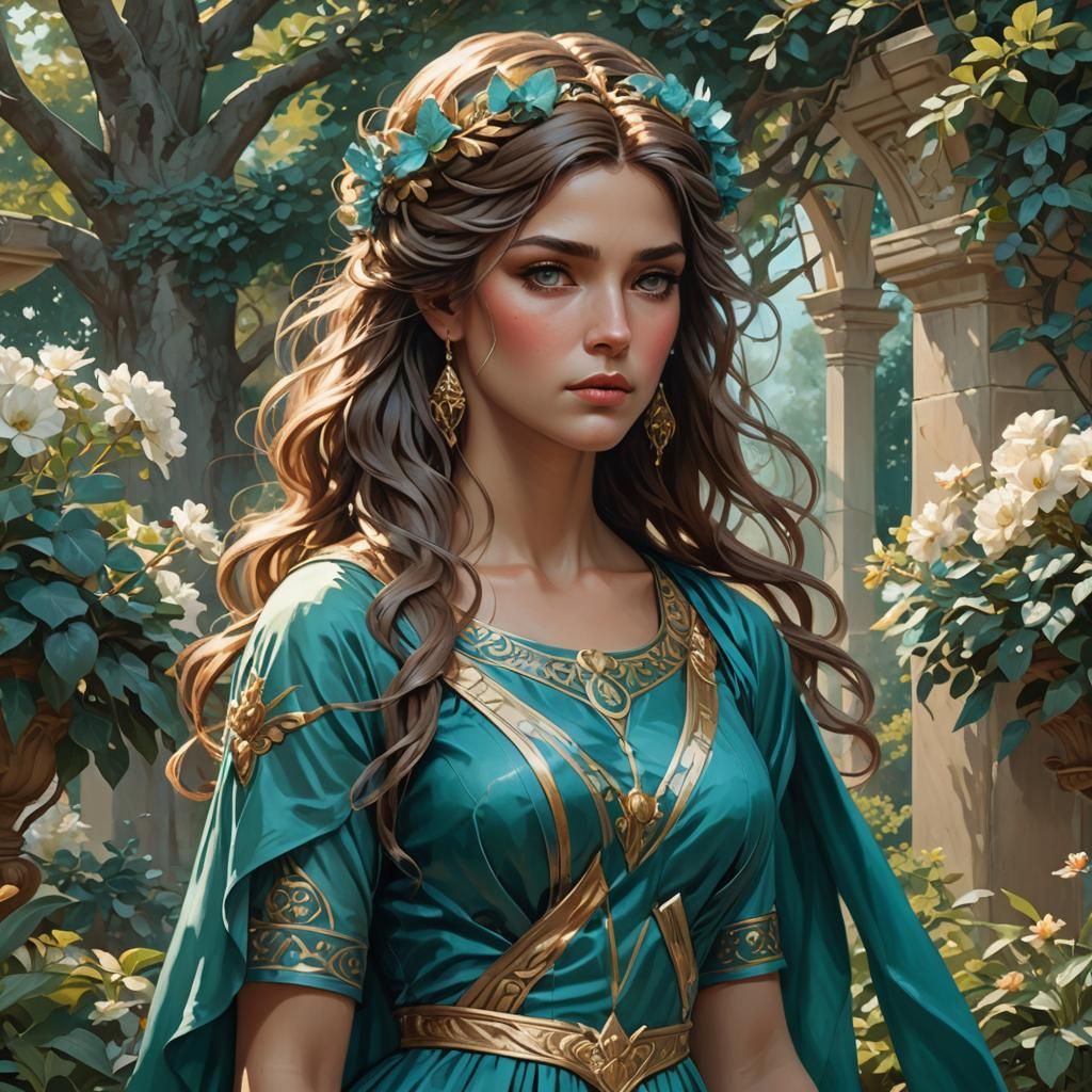 Elegant Greek Goddess in Garden Portrait