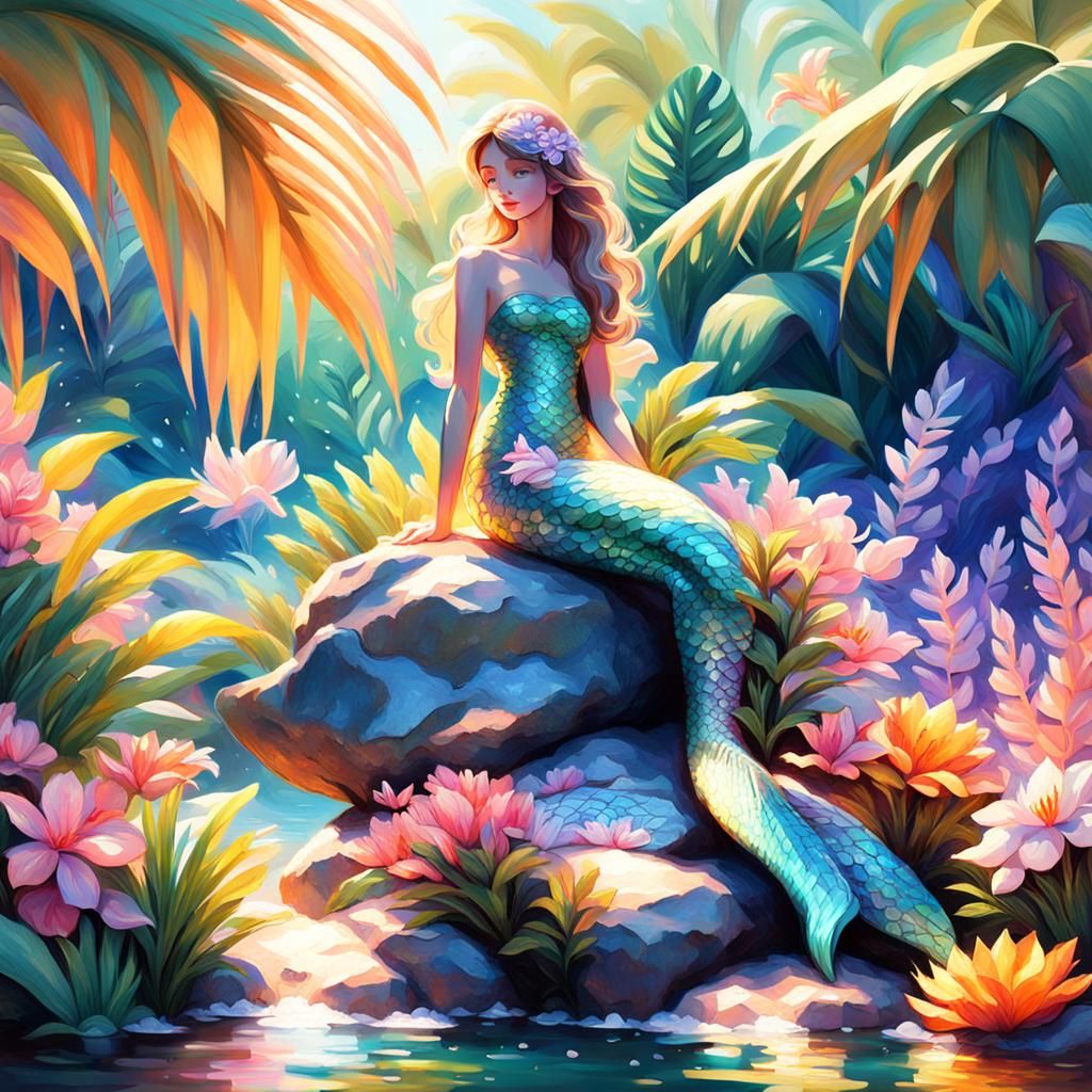 Neo-Impressionist Mermaid in Tropical Paradise