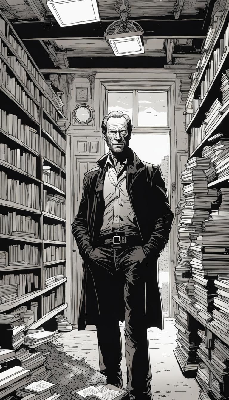 Jack Taylor in Book-Filled Room, Moebius-Style Silhouette