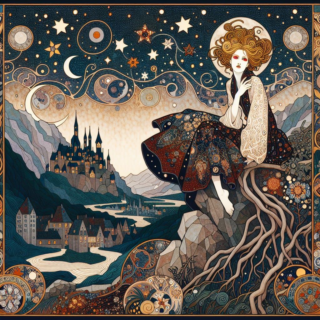 Fantasy Woman in Art Nouveau Style Above Village