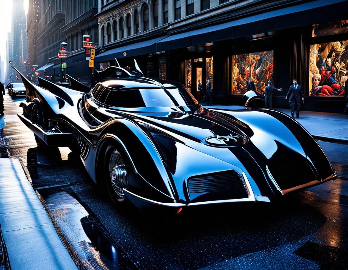 Photorealistic Batmobile in Gotham, Comic Art Style