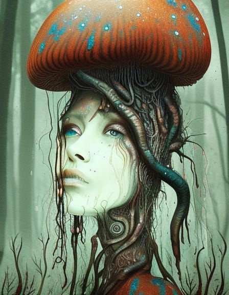 Mushroom mud person in foggy forest