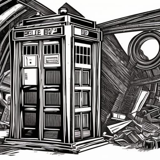 TARDIS in Junkyard: Comic Book Style Woodcut