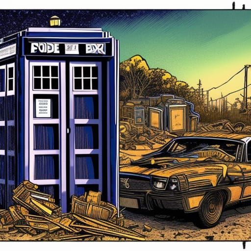TARDIS in Junkyard: A Woodcut Style Image