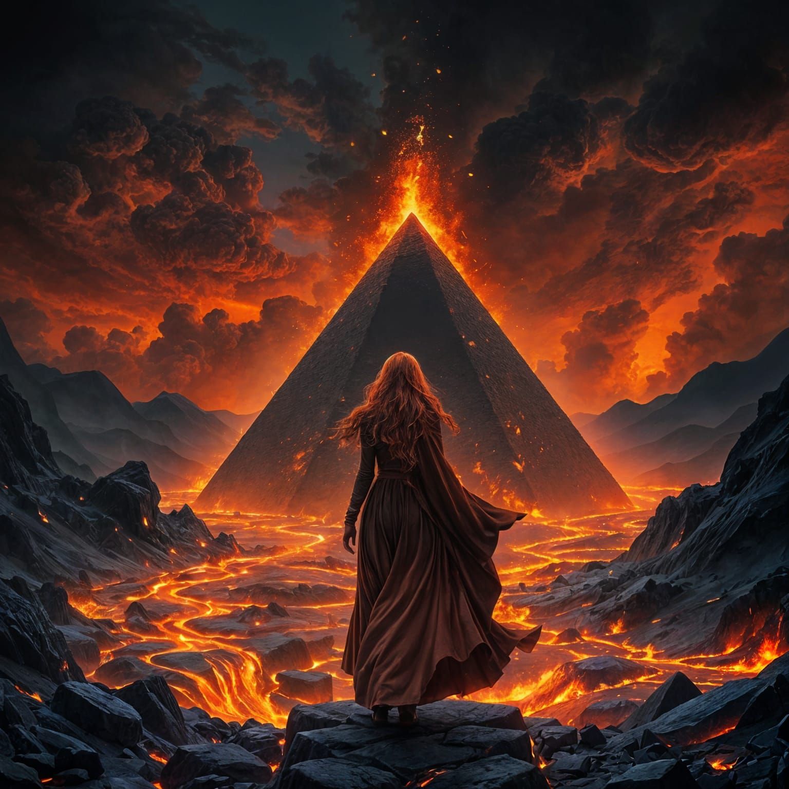 Obsidian Pyramid with Fire-Haired Woman