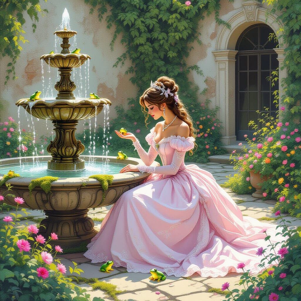 Enchanted Princess with Frogs in Baroque Garden