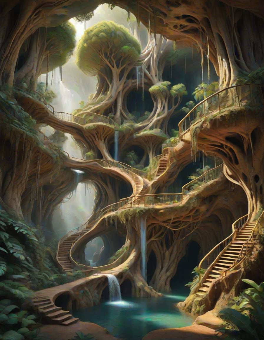 Subterranean Waterfall in Fantasy Caves of Petrified Wonder