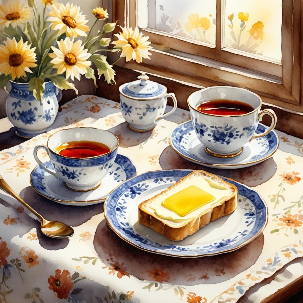 Still Life: Bread, Jam, and Tea Watercolor Painting