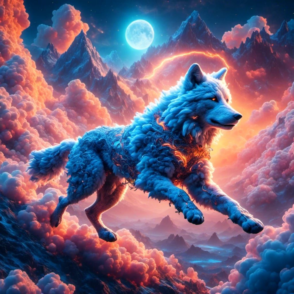Wolf Running on Clouds in Fantasy Landscape