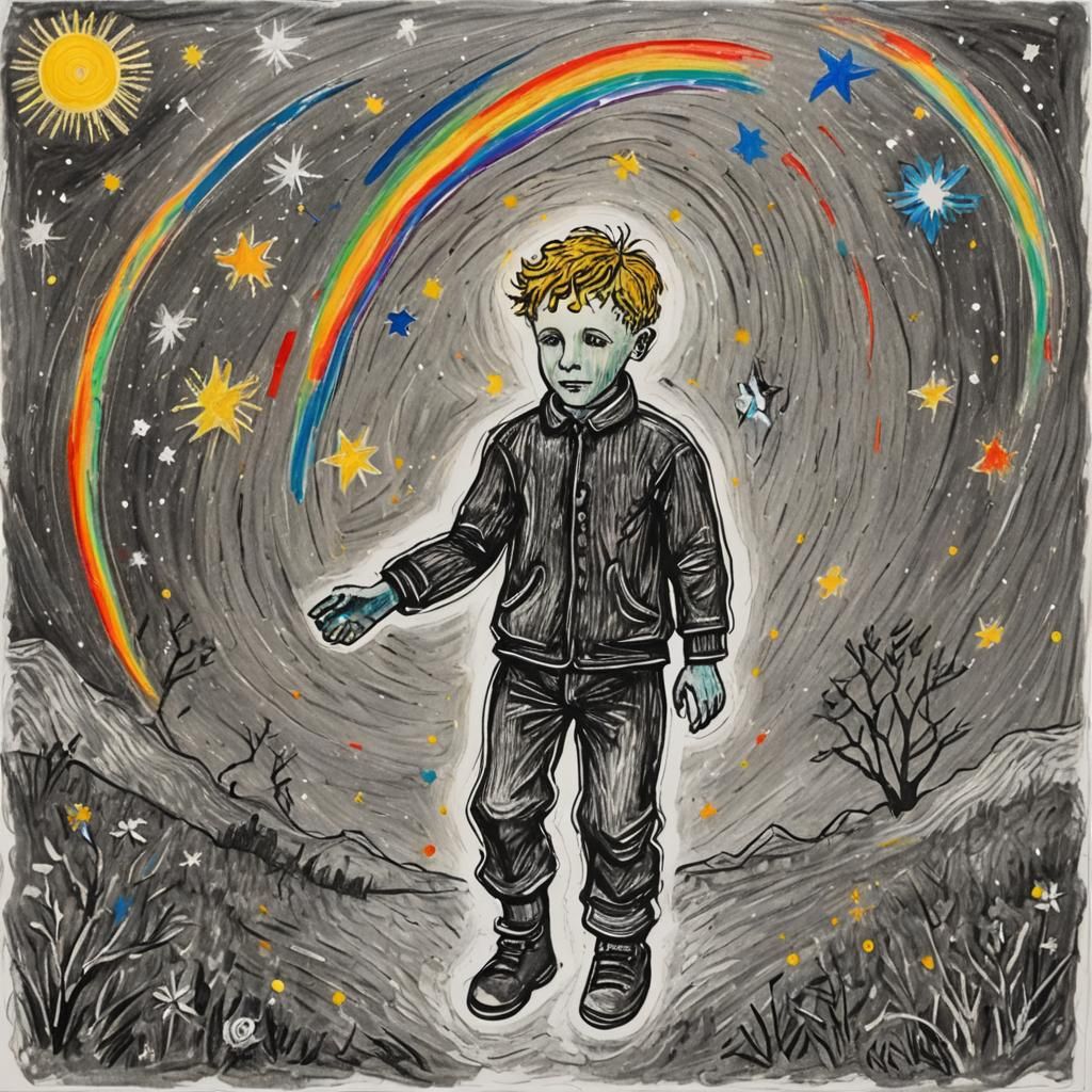 Child's Surreal Flight in Starry Night Crayon Art