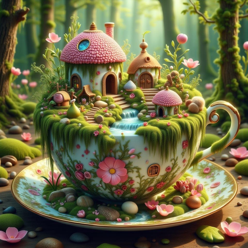 Enchanted Teacup Fairy Village in Forest