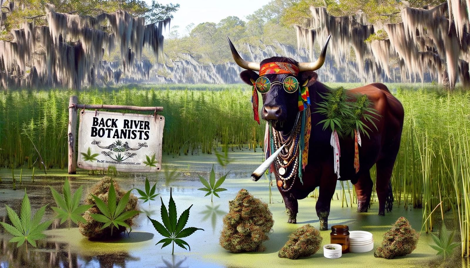 Hippie Bull in a Marsh with Cannabis