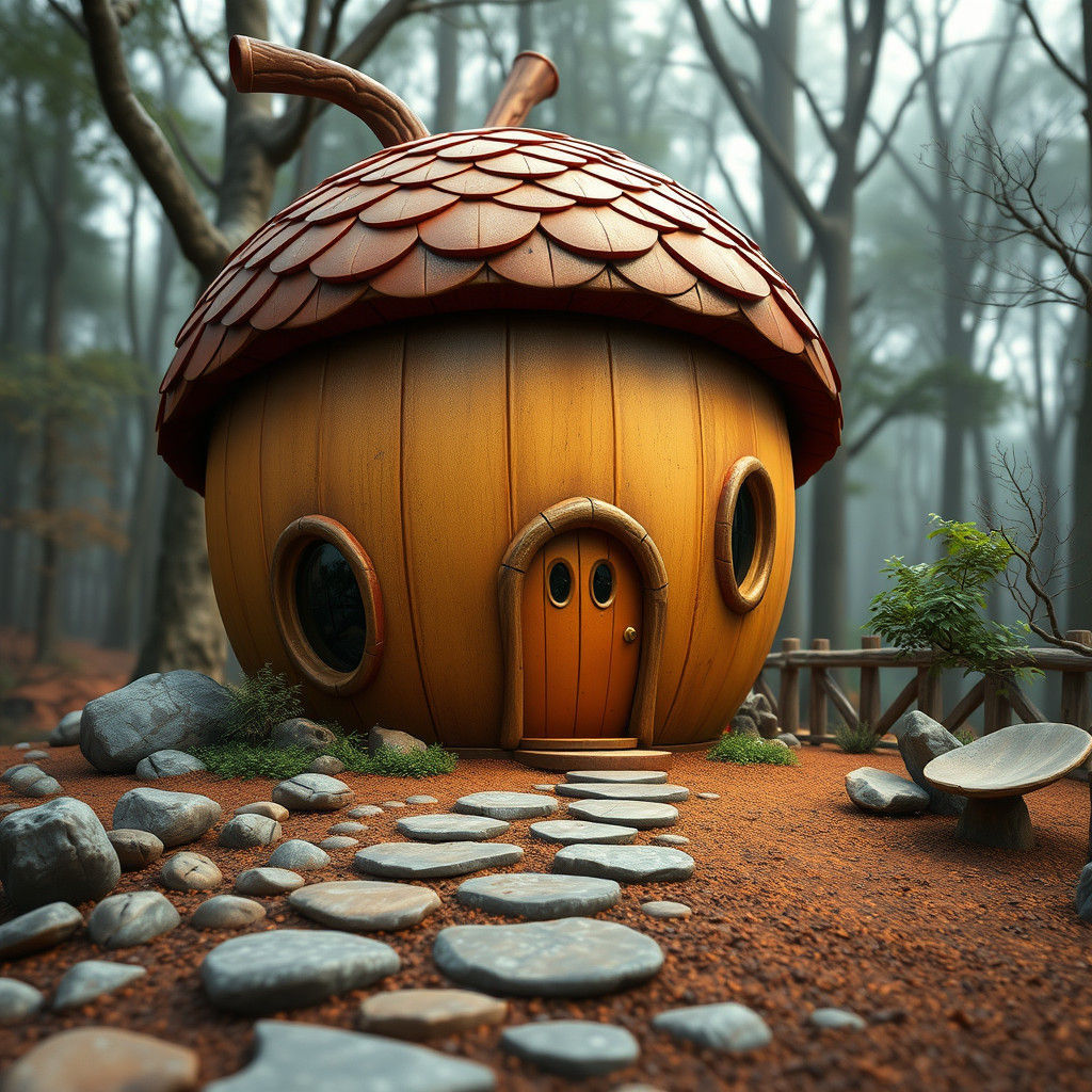 Whimsical Acorn-Shaped House in a Fantastical Woodland Setti...