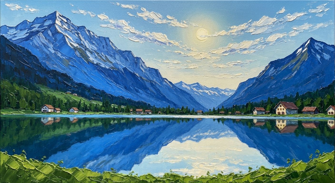 Swiss Alps Landscape Painting with Mirror Lake and Village
