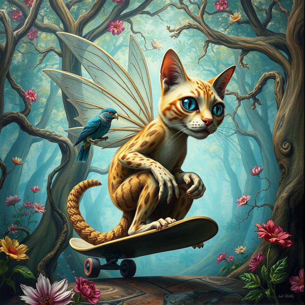 Surrealist Woman-Cat Skateboarder in Dreamlike Forest