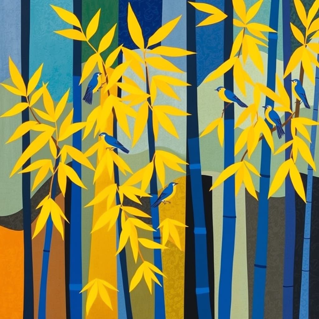 Cubist Bamboo Forest with Blue Stems and Yellow Leaves