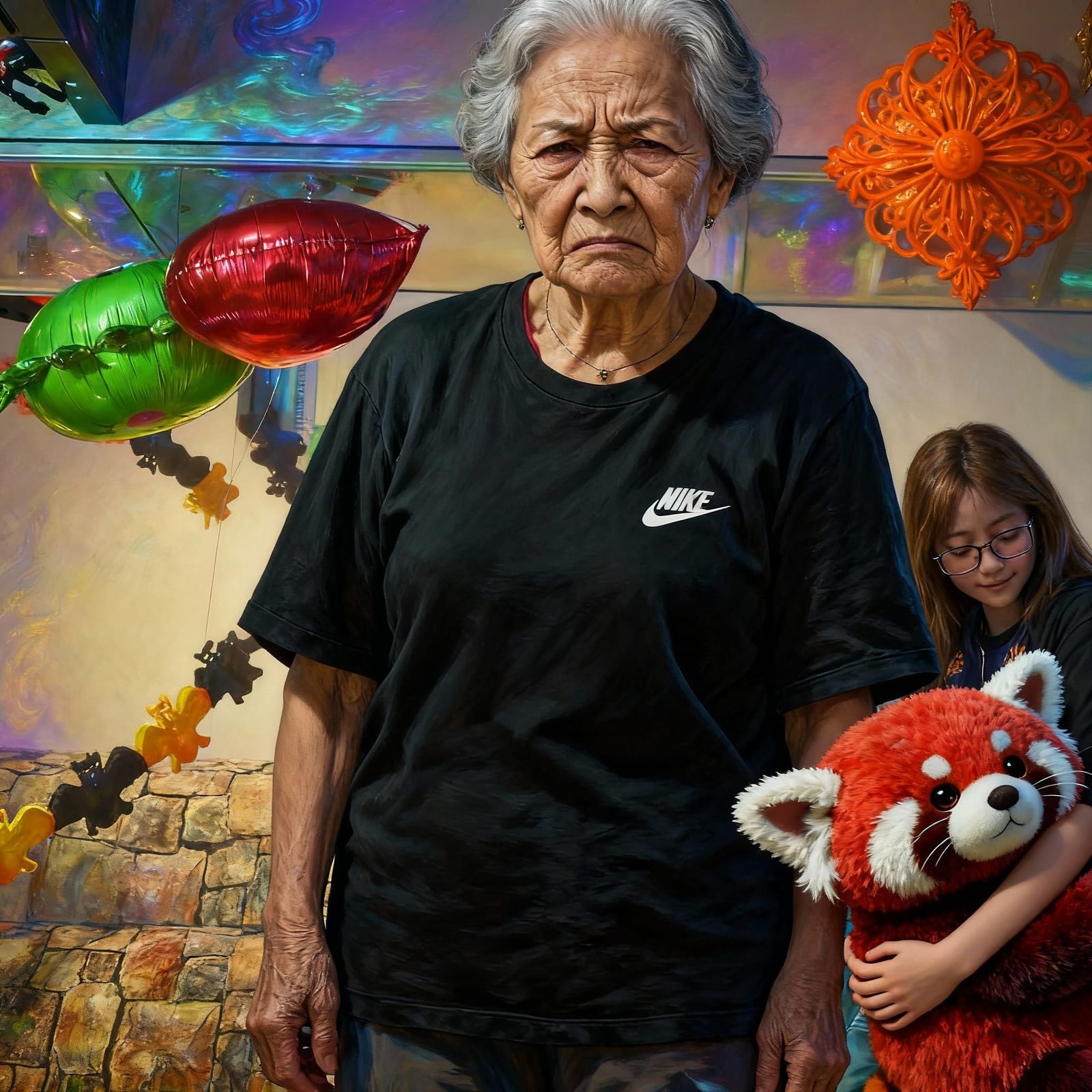 Elderly Grumpy Person Hugging Panda