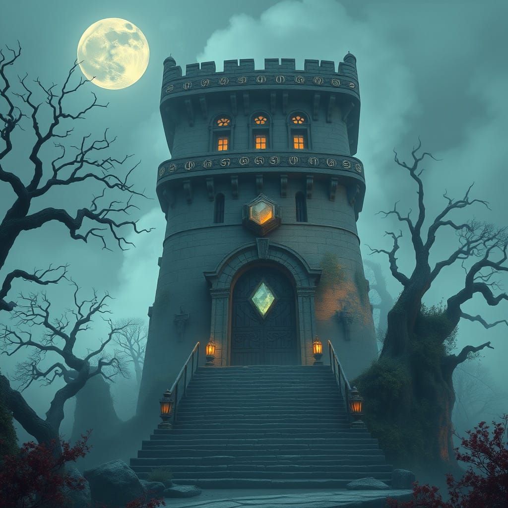 Ancient Watchtower in Moonlit Landscape
