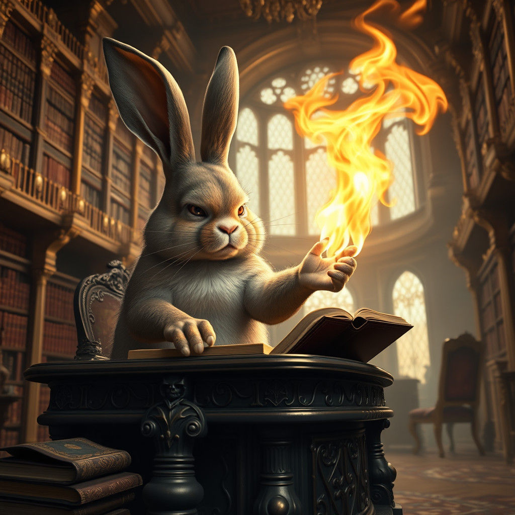 Rabbit Conjuring Fire Magic in Gothic Library