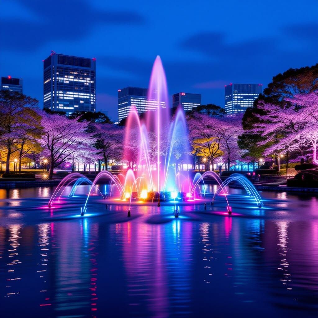 Wadakura Fountain Park at Night, Tokyo Light Show
